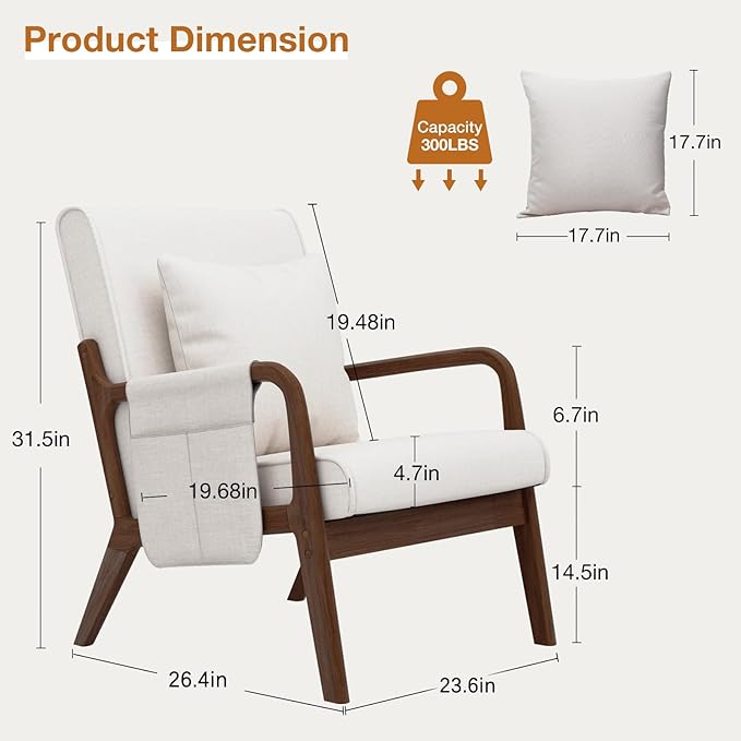 HOMMPA Mid-Century Modern Accent Chair, Comfy Reading Armchair with Solid Wood Frame & Lumbar Pillow, Upholstered Linen Lounge Chair with Side Pocket for Living Room, Bedroom,Balcony(Beige)