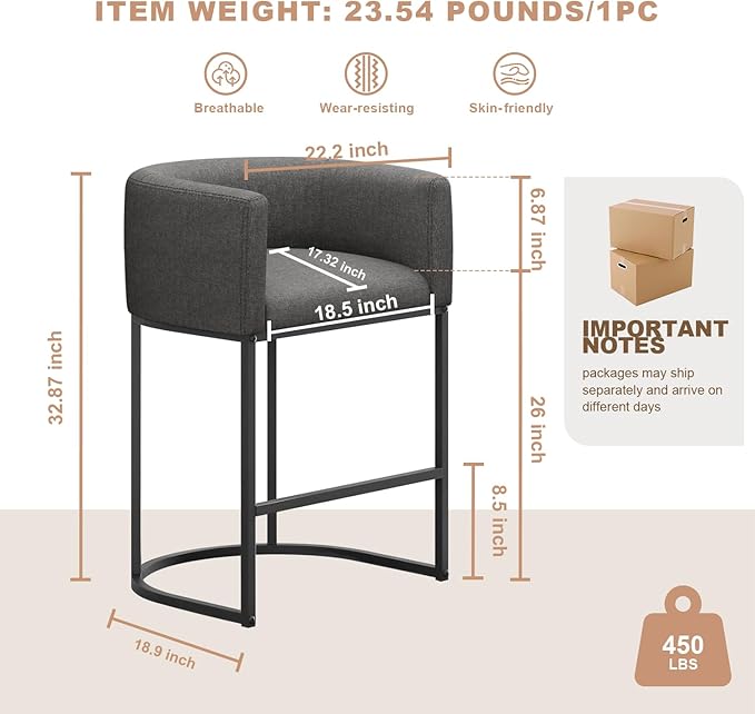 26" H Counter Height Bar Stools Set of 3, Modern Barrel Counter Stools with Backrest and Arms, Linen Fabric Upholstered Accent Barstools for Kitchen Island,Support 450 LBS (Carbon Black)