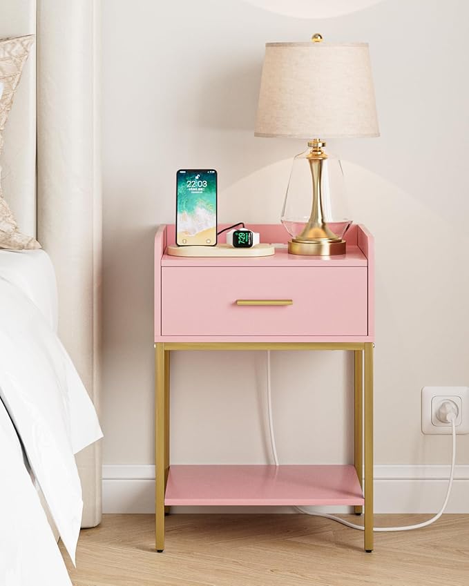 Nightstand with Charging Station, Modern Bedside Table with Drawer and Legs,Pink and Gold Night Stand with Open Shelf, Narrow Side Table for Bedroom, Living Room