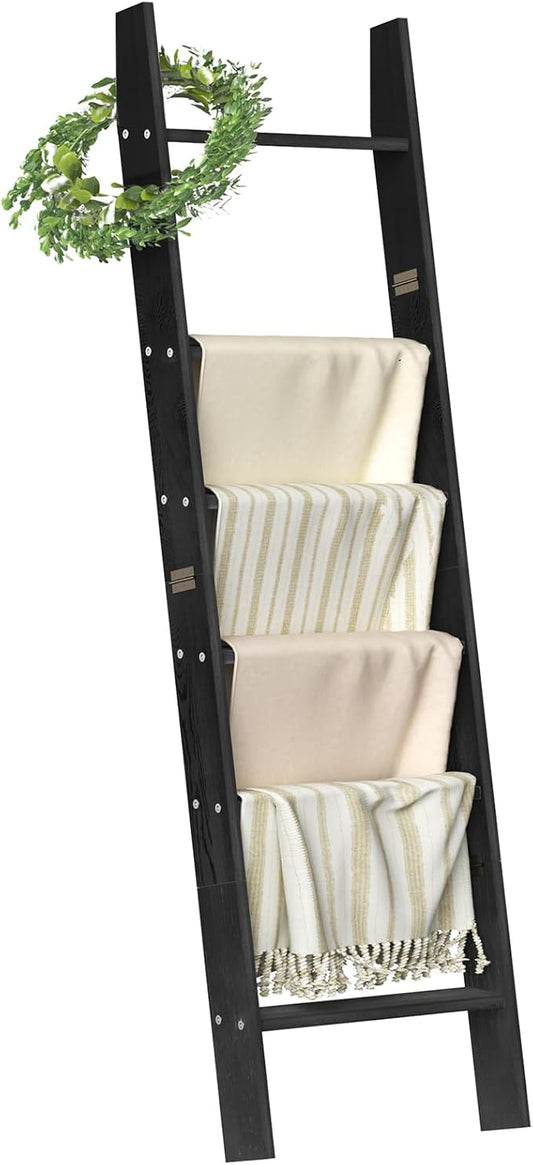 HONEST OUTFITTERS Blanket Ladders for The Living Room, 6-Tier Blanket Holder, Wall-Leaning Blanket Rack, Ladder Shelves, Wooden Quilt Ladder, Farmhouse Decor, Black