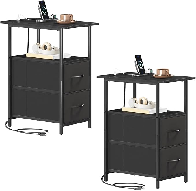 Somdot End Table Set of 2 with Charging Station, Narrow Side Table with 2 Fabric Drawers, Skinny Nightstand with Storage, Small Slim Bedside Table for Living Room, Sofa, Bedroom, Couch, Black
