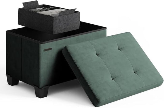Storage Ottoman Cube with Small Bin, 16-in Square Ottoman with Storage for Living Room and Bedroom, Small Ottomans Foot Rest, Velvet Foot Stools Ottomans Max 330lbs, Green