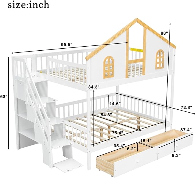Full Over Full Bunk Bed with Drawers and Storage Stairs, House Castle Bed with Roof and Windows, Bookshelf, Space Saving for Kids, Boys, Girls, Adults, White