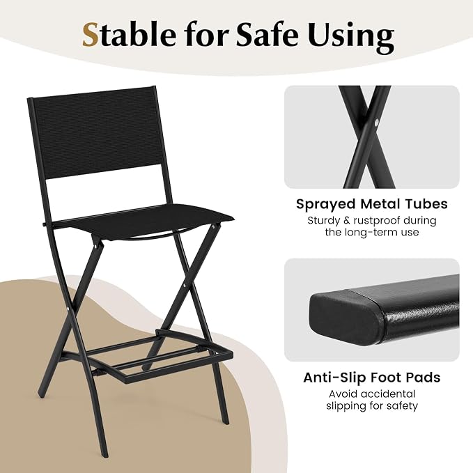 COSTWAY Outdoor Patio Bar Chair Set of 4, Folding Counter Height Stool with Metal Frame & Footrest, Patio Bar Stool for Balcony, Garden & Poolside (4, Black)
