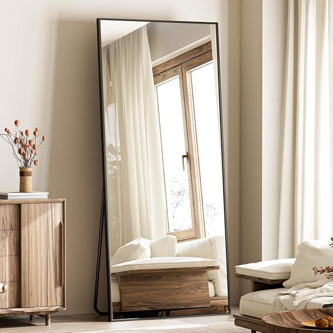 VooBang Mirror Full Length, 24" x 65" Floor Mirror with Stand, Aluminum Alloy Frame Full Body Standing Hanging or Leaning Against Wall for Bedroom and Living Room, Black