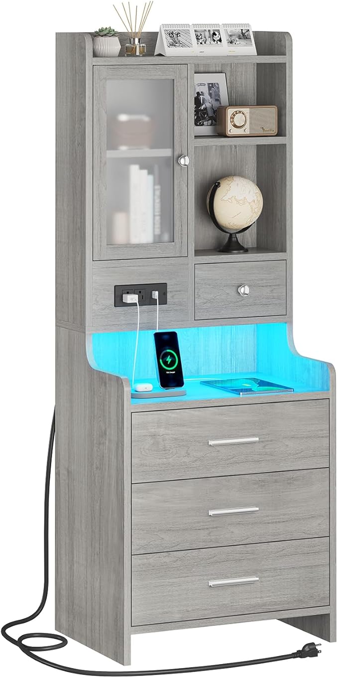 ADORNEVE Grey Nightstand Set of 2 with Charging Station,49.2" LED Night Stand for Bedroom,Tall Bedside Table with Bookshelf and Drawers,Side Tables Bedroom