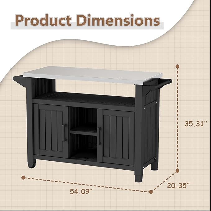 EasyUp Outdoor Storage Cabinet,Patio Storage Table, Bar Table with Wheels,Outdoor Bar Cart for Patio, Poolside and Backyard,Classic Black