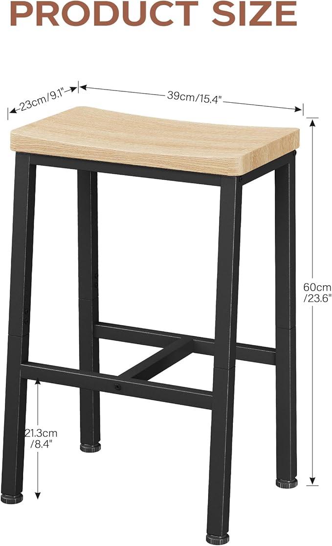 Homeiju Bar Stools, Counter Height Bar Stools Set of 2, 23.6 Inch Saddle Stools with Footrests, Industrial Kitchen Counter Seat for Dining Room, Kitchen, Counter, White Oak