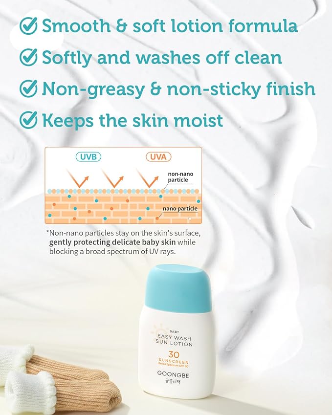 GOONGBE Baby Kids Easy Wash Sun Lotion SPF 30 & Cooling Gel Cream - Zinc Oxide Mineral Sunscreen & 3-Second Soothing Relief - Vegan Hypoallergenic for Sensitive Skin, 2.11oz & 3.38oz