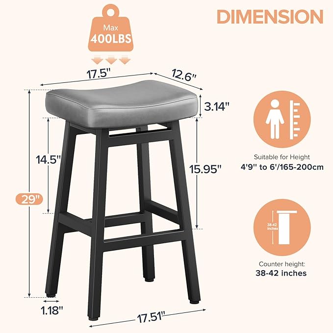 Raynesys 29 Inches Bar Stools Set of 2, Bar Height Barstools for Home Counter, Blackless Barstool with Bonded Leather Saddle Seats & Heavy Duty Metal Legs, Easy Assembly, Gray/Black