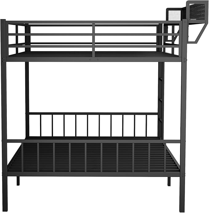 Queen Over Queen Metal Bunk Bed with Storage Shelf Built-in USB Port, Heavy Duty Queen Size Bed Frame w/Full-Length Guardrail & Ladder, Noise-Free & Stable,No Box Spring Needed