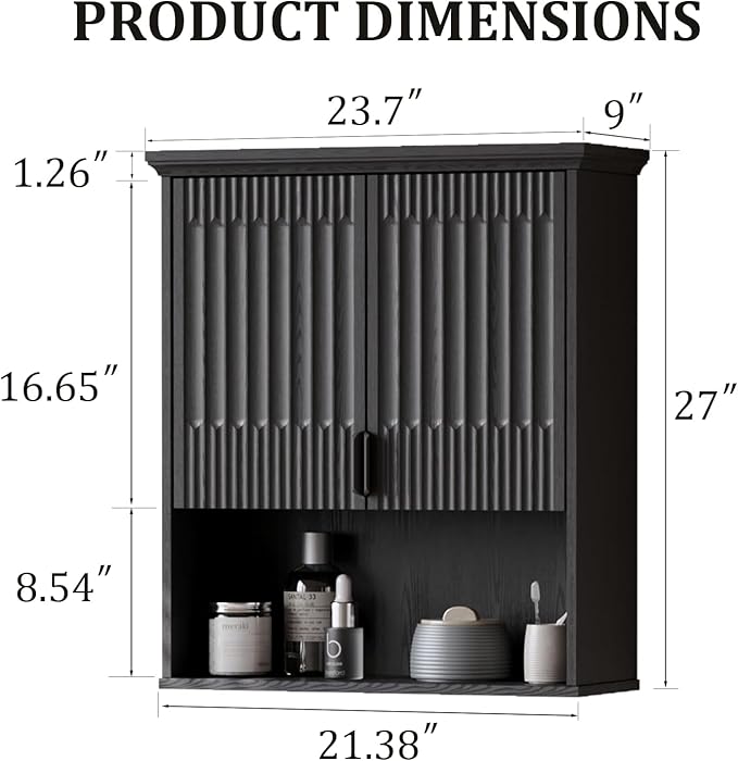 Fatmok Bathroom Wall Storage Cabinet, Medicine Cabinet with Adjustable Wood Shelf & Doors, Over the Toilet Storage Cabinet for Laundry Room & Living Room Kitchen,Black