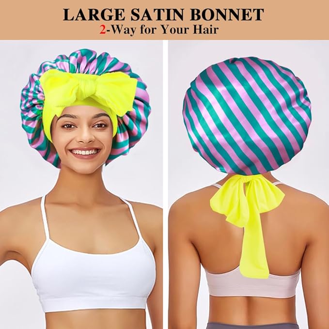 2+3 Large Satin Bonnets with Scrunchies for Women, Hair Bonnet Sleeping Tie Bonnet for Braids Curly Hair