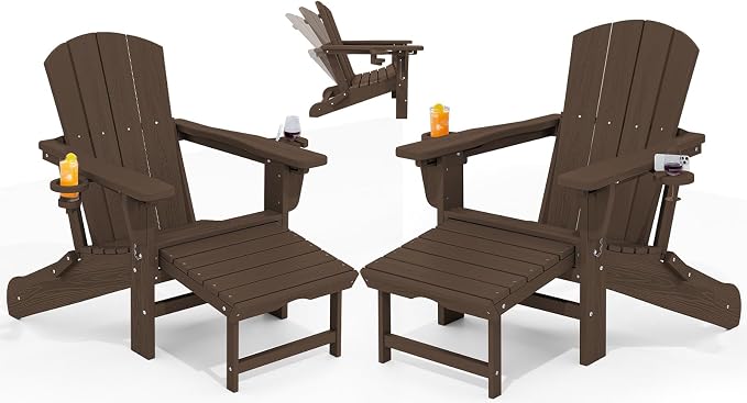 KINGYES Folding Adjustable Adirondack Chair with Ottoman Set of 2, HDPE Adirondack Recliner Chair with Footrest, Coffee