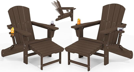 KINGYES Folding Adjustable Adirondack Chair with Ottoman Set of 2, HDPE Adirondack Recliner Chair with Footrest, Coffee