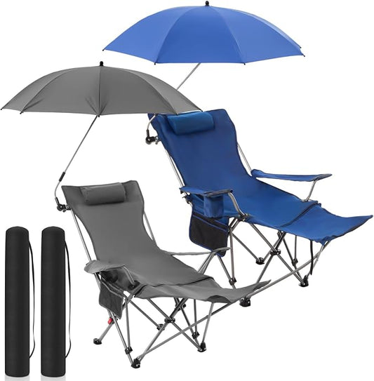 Yuntau 2 Set Reclining Beach Chairs with UPF 50+ Umbrellas Shade, Upgraded Heavy Duty Portable Folding Lounge Camping Chair with Canopy Removable Footrest & Headrest for Outdoor Patio(Grey,Blue)