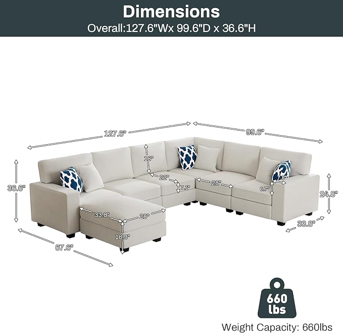 Legend Vansen Oversized Modular Sectional Sofa,U/L‑Shaped Reversible Couch with Ottoman,Deep Seat Plush Polyester Sofa for Living Room,7‑Seater,Cream
