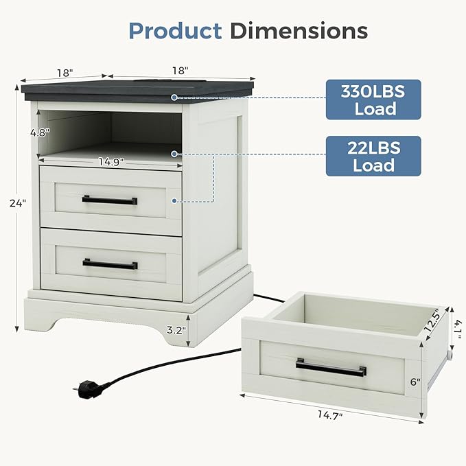 DUMOS Nightstand with Charging Station, Wood Farmhouse Bedside Table with 2 Drawers and Open Shelf, Wood End Table, Modern Side Table for Bedroom, White