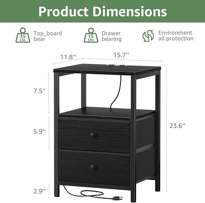 BOLUO Black Nightstand with Charging Station, LED Night Stand with 2 Fabric Drawers, Bedside Table with USB Ports and Outlets, Nightstand for Bedroom Modern