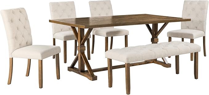 Harper & Bright Designs 6-Piece Farmhouse Dining Table Set 72" Wood Rectangular Table, 4 Upholstered Chairs with Bench (Walnut)