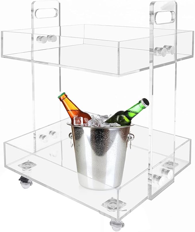 2-Tier Acrylic Cart Clear Acrylic Rolling Nightstand on Wheels Modern Side/End for Bedroom Bedside for Home Small Spaces Dining Room Tea Wine Holder Serving Cart Furniture