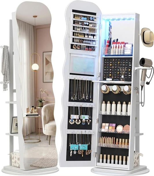 Vlsrka 360° Swivel Jewelry Aromire with Wavy Mirror, Lockable Jewelry Organizer Mirror Full Length, Rotatable Standing Mirror with Storage, Jewelry Cabinet, Interior Mirror, Flodable Shelf, White