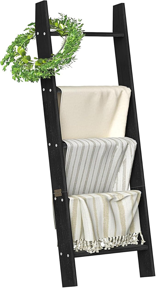 HONEST OUTFITTERS Blanket Ladders for The Living Room, 5-Tier Blanket Holder, Wall-Leaning Blanket Rack, Ladder Shelves, Wooden Quilt Ladder, Farmhouse Decor, Black
