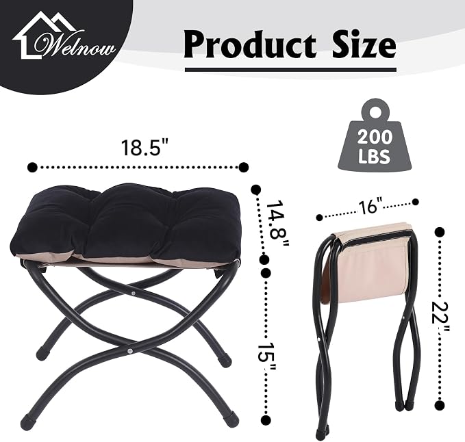 Welnow Folding Foot Stool, Upholstered Small Accent Ottoman with Detachable Thick Cotton Cushion Padded Sofa Stool and Metal Frame for Lazy Chair, Living Room, Bedroom, Black