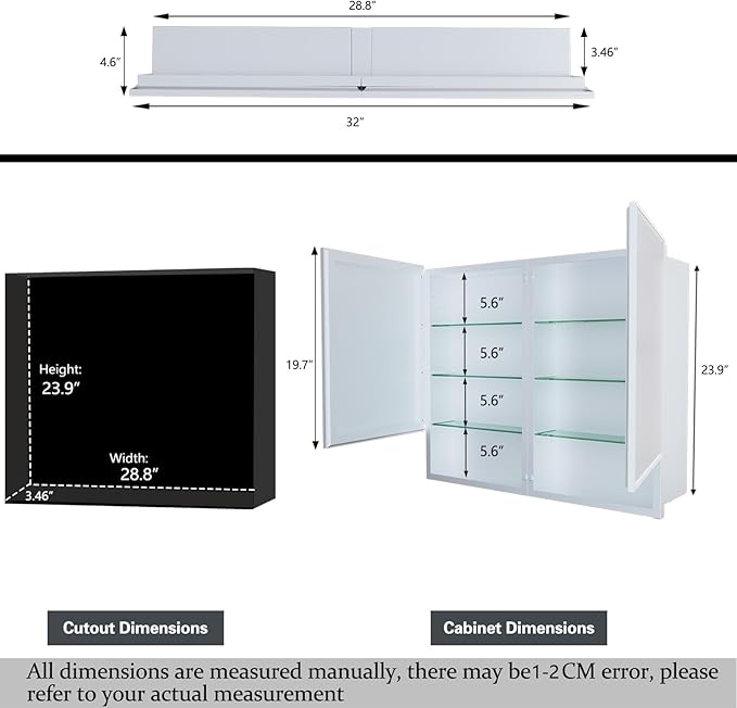 32x26 Inch Bathroom Medicine Cabinet with Mirror, Double Door Wall Mounted Storage with Extra Drawers, Bevel Edge Mirror, Adjustable Shelves, for Recessed or Surface Mount Installation
