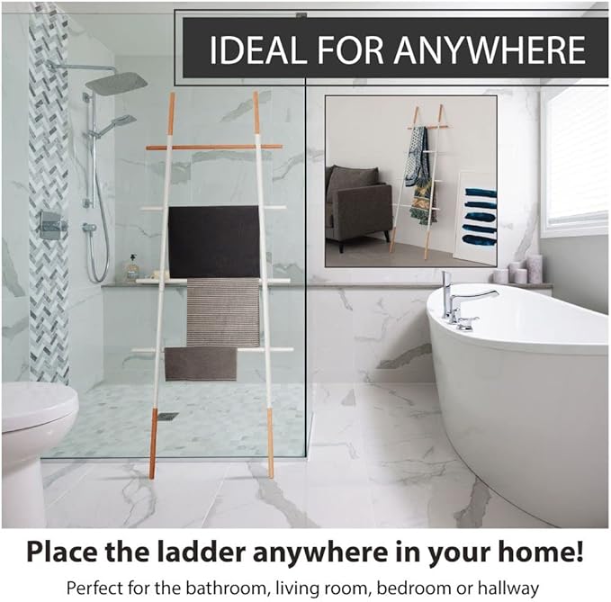 Freestanding Towel Ladder Rack, Space Saving, No-Scratch Wood, for Household Use, White