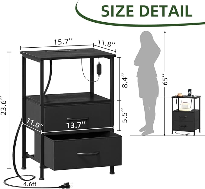 Somdot Black Nightstand with Charging Station and LED Light for Bedroom, 2 Drawers Dresser with Fabric Bins for Bedside Kids Dorm Room Closet Laundry Entryway, Black