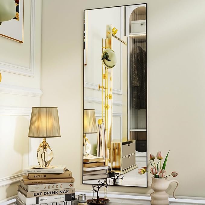 VooBang Mirror Full Length, 21" x 64" Floor Mirror with Stand, Aluminum Alloy Frame Full Body Mirror, Standing Hanging or Leaning Against Wall for Bedroom and Living Room, Black
