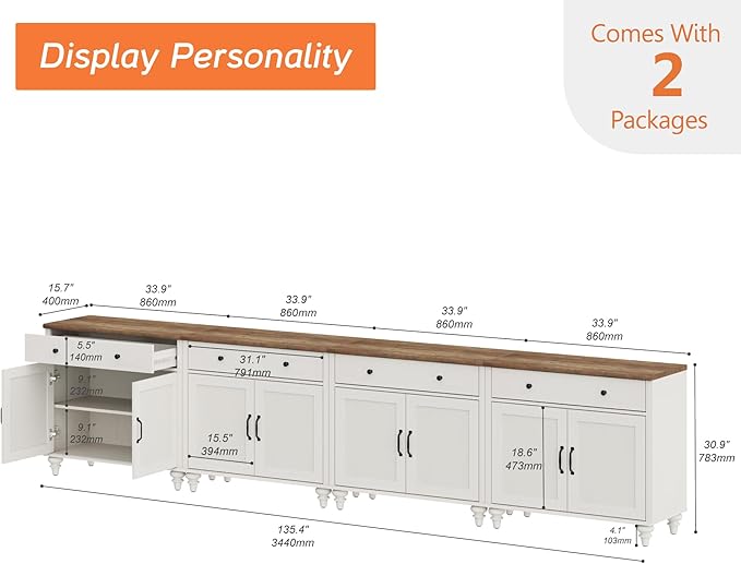 WAMAPT Buffet Cabinet with 8 Doors and 4 Drawers, Large Coffee Bar Table Wood Kitchen Storage Cabinets, Modern Farmhouse Sideboard Credenza for Dining Room, Off White