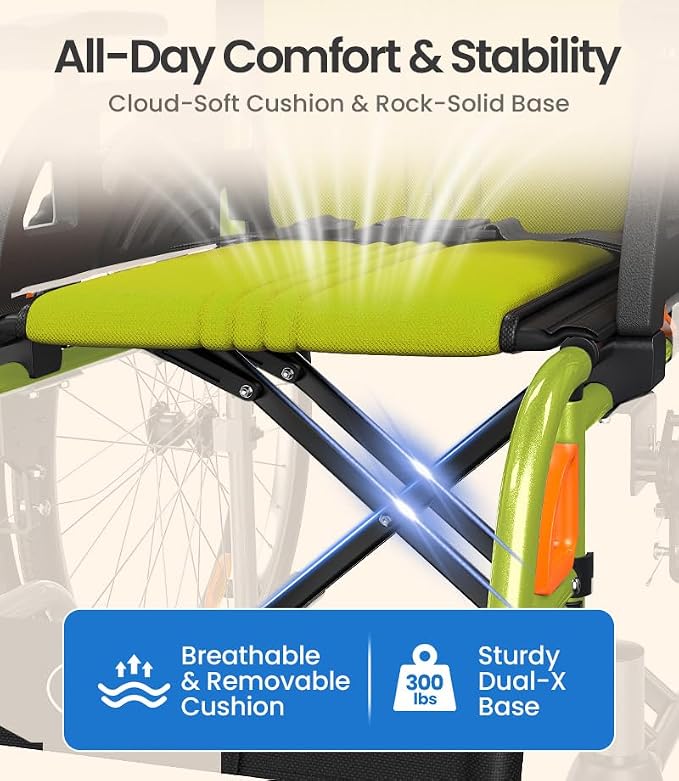 VOCIC Ultra Lightweight Wheelchair for Adults, 23lb Frame Portable Foldable Self-Propelled Wheelchairs for Seniors with Quick Release Wheels, Swing-Away Footrests,Flip-Back Arm, 300 lbs Green