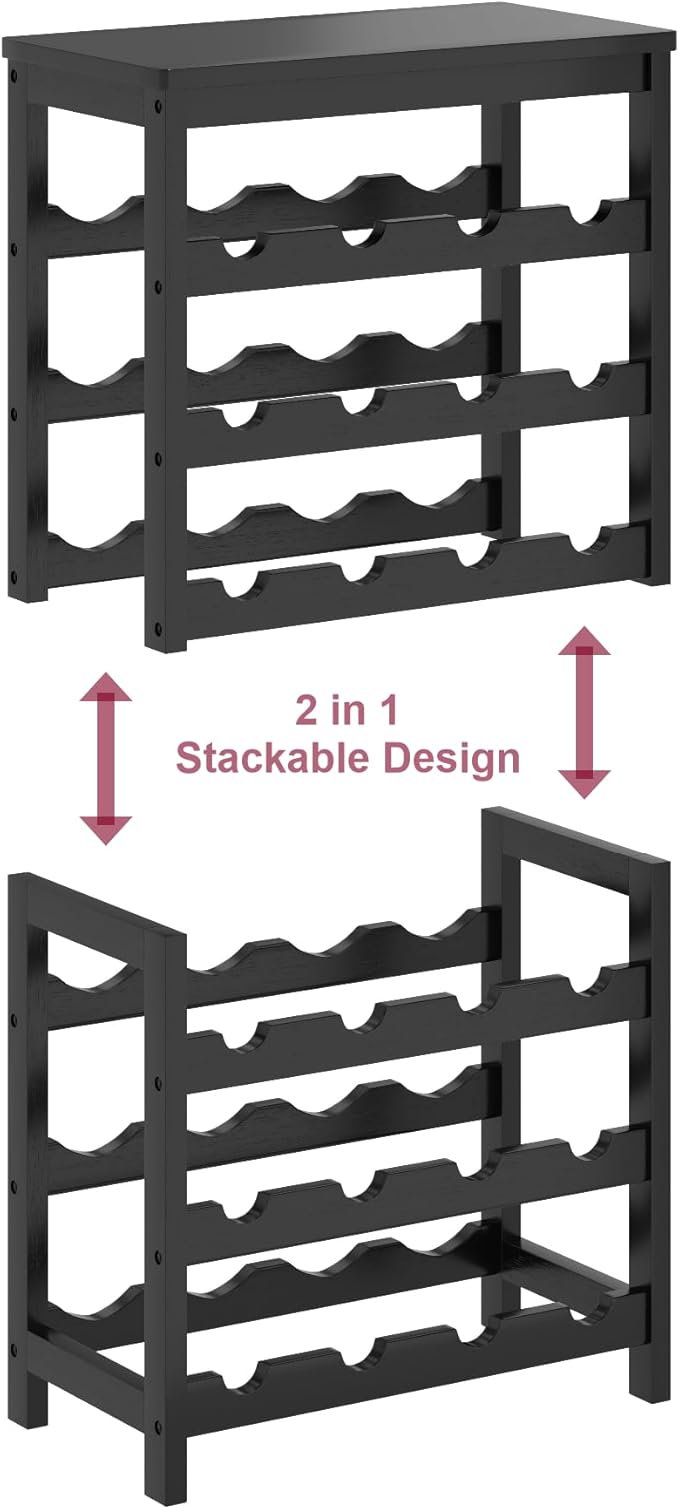MOGELAFOO 6 Tier Bamboo Wine Rack Freestanding Floor, 24 Bottles Wine Storage Shelves with Table Top, Stackable Wine Display Rack for Kitchen, Bar, Dining Room, Black