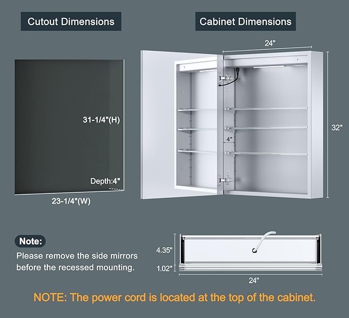 24x32 Inch Medicine Cabinet with Lights, AL Alloy Frame, Plug-in or Hardwired, Recessed or Wall Mount, Mirror Doors/3 Colors/Dimmable/Interior Sensor Light/Defog,2 Outlets &USBs,3 Shelves