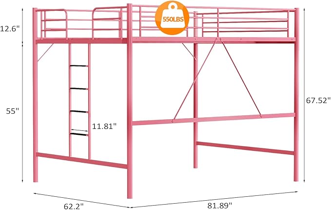 VINGLI Queen Loft Bed with Flat Rungs for Adults, Kids and Young Teens, No Box Spring Required,Heavy Duty Metal Slat Support, Pink