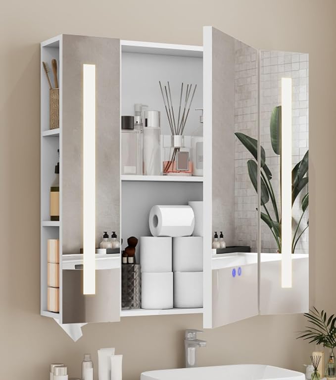 YOURLITE Bathroom Medicine Cabinet Mirror with Storage, Wall Mounted Bathroom Mirror Cabinet with LED Lights, Anti-Fog, 3 Lighting Modes, Adjustable Brightness, Adjustable Shelves