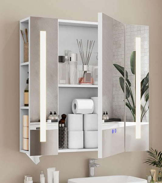 YOURLITE Bathroom Medicine Cabinet Mirror with Storage, Wall Mounted Bathroom Mirror Cabinet with LED Lights, Anti-Fog, 3 Lighting Modes, Adjustable Brightness, Adjustable Shelves