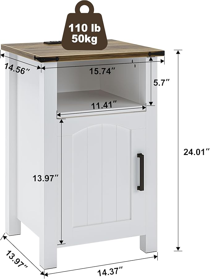 Decofy Farmhouse Nightstand with Charging Station, Set of 2, Wood Bedside Table with Storage & Open Compartment, Side End Table for Bedroom, Rustic White and Brown