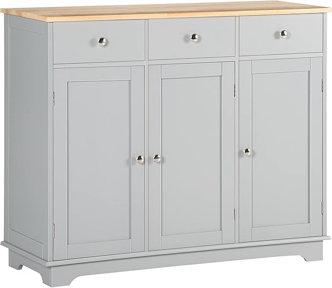 HOMCOM Sideboard Buffet Cabinet with Solid Wood Countertop, Modern Kitchen Storage Cabinet, Coffee Bar Cabinet with 3 Drawers, Doors and Adjustable Shelf, Gray