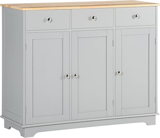HOMCOM Sideboard Buffet Cabinet with Solid Wood Countertop, Modern Kitchen Storage Cabinet, Coffee Bar Cabinet with 3 Drawers, Doors and Adjustable Shelf, Gray