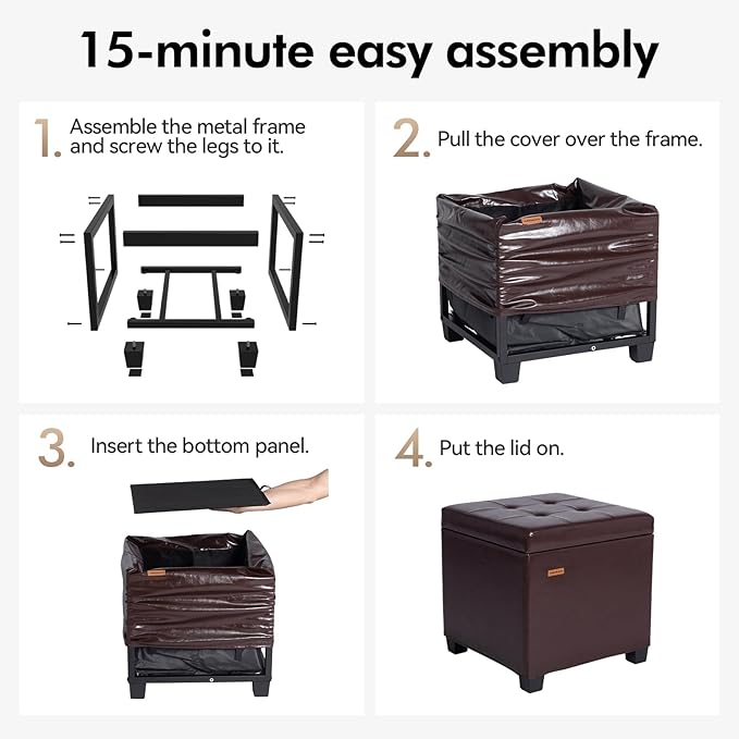 ABHENG Synthetic Leather Cover Steel Frame Ottoman with 48L Storage,17.7" x 17.7" x 17.7" Square Storage Ottoman Stool Cube with Legs,for Dorm Livingroom Brown UASND63R