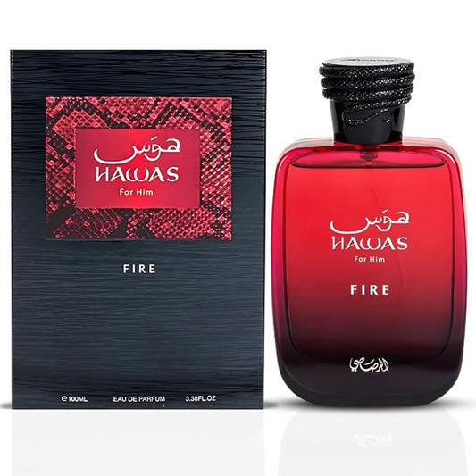 RASASI ハワス ファイア オードパルファム スプレー 100ML (3.4オンス) - 燃えるようなエッセンスを帯びた大胆で長持ちするアラビアンメンズ香水 - 男性の優雅さと強さをとらえる贅沢なメンズ香水に酔いしれてください