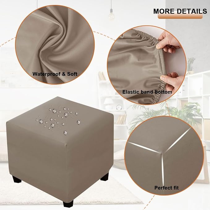 Waterproof Ottoman Cover Square Stretch PU Soft Folding Storage Ottoman Cover with Elastic Bottom Cube Footrest Foot Stool Slipcovers Machine Washable(Small/Light Gray)