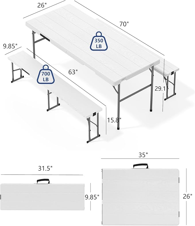 Folding Table with 2 Benches Set, 6FT Picnic Table with 2 Chairs, 3pcs Plastic Camping Tables and Foldable Bench Sets Indoor & Outdoor for Party, Camping, Picnic, Wedding, BBQ, White