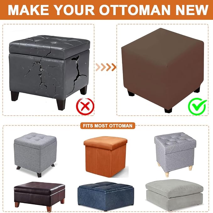 Waterproof Ottoman Cover Square Stretch PU Soft Folding Storage Ottoman Cover with Elastic Bottom Cube Footrest Foot Stool Slipcovers Machine Washable(Medium/Dark Coffee)