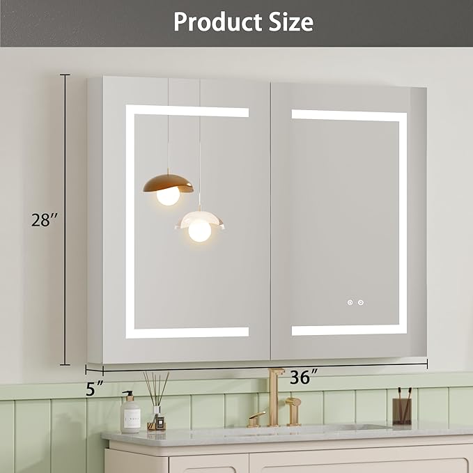 DEYGIA LED Medicine Cabinet with Mirror for Bathroom, Assembly-Free Lighted Medicine Cabinet, Defog, Stepless Dimming, 3 Colors, 2 Outlets, 2USB, Aluminum Wall Mounted Mirrored Cabinets, 36”Wx28“H