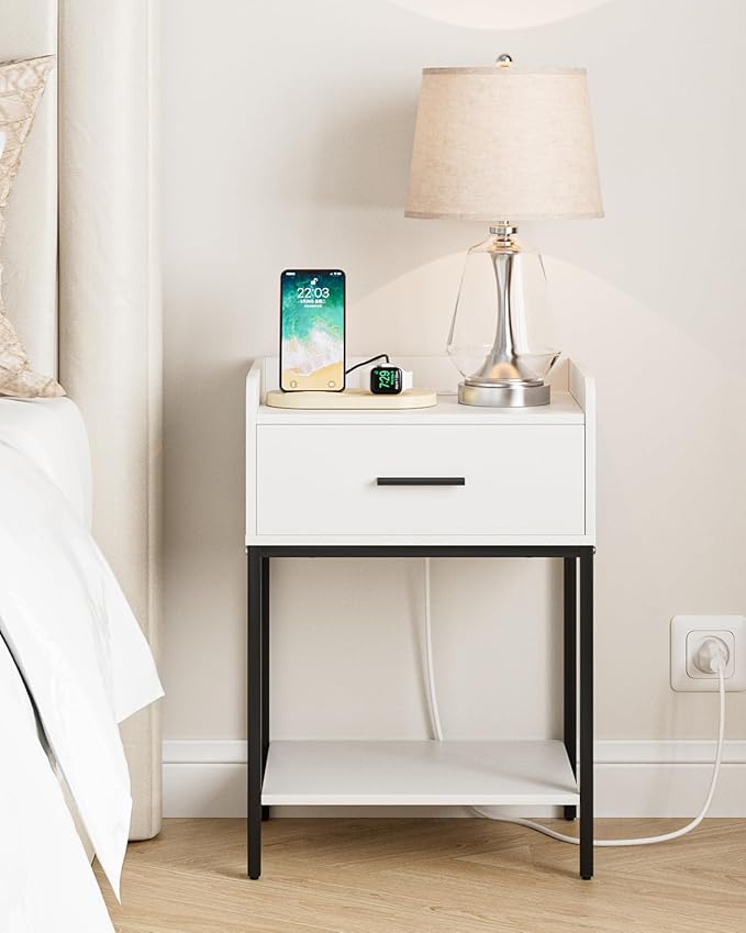 Nightstand with Charging Station, Modern Bedside Table with Drawer and Legs,White and Black Night Stand with Open Shelf, Narrow Side Table for Bedroom, Living Room