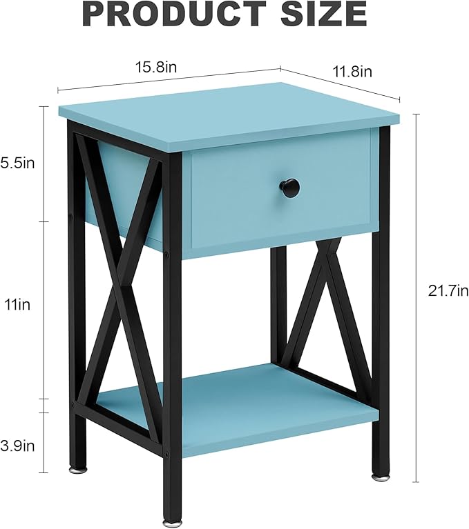 VECELO Nightstands Set of 2, Modern Bedside End Tables, Night Stands with Drawer and Storage Shelf for Living Room Bedroom, Industrial Metal Frame